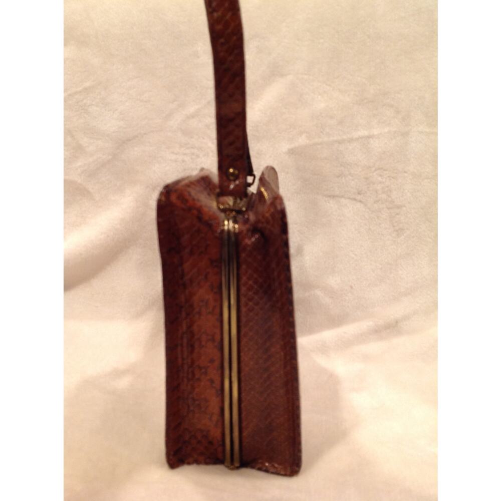 Vintage Brown Snake Print Handbag with Gold Accents Square Top Handle Purse - Picture 6 of 14